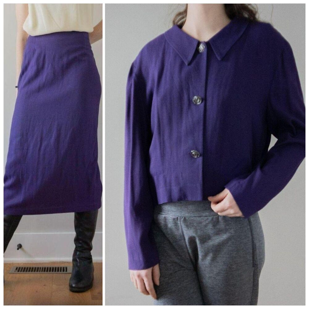 Vintage 80s Purple Midi Office Work Suit Set Pencil Women's Skirt + Blazer